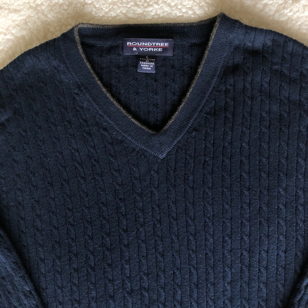 Men’s V Neck Cable Knit Navy Sweater